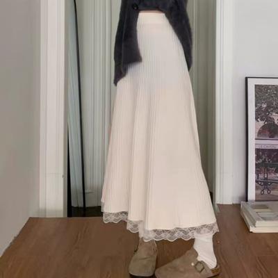 Korean-Style Women's Autumn Winter High Waist Slim-Fitting Knitted Midi Skirt with Lace Trim A-Line Versatile Knitted Skirt