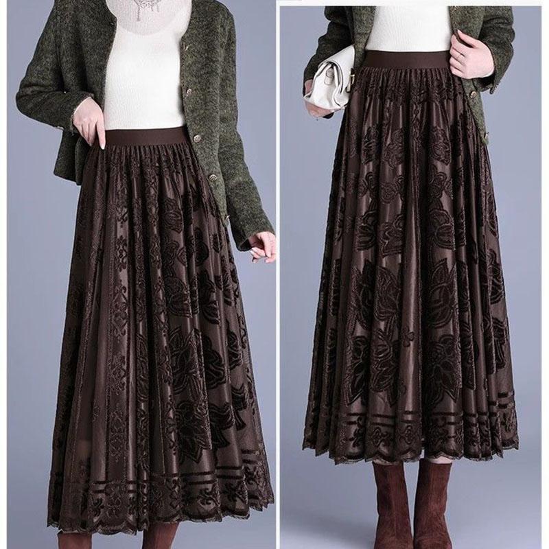 Women's Mesh Flocked Skirt Wide Flare High-Waisted Elastic Waist Gold Velvet Skirt A-line Pleated Skirt