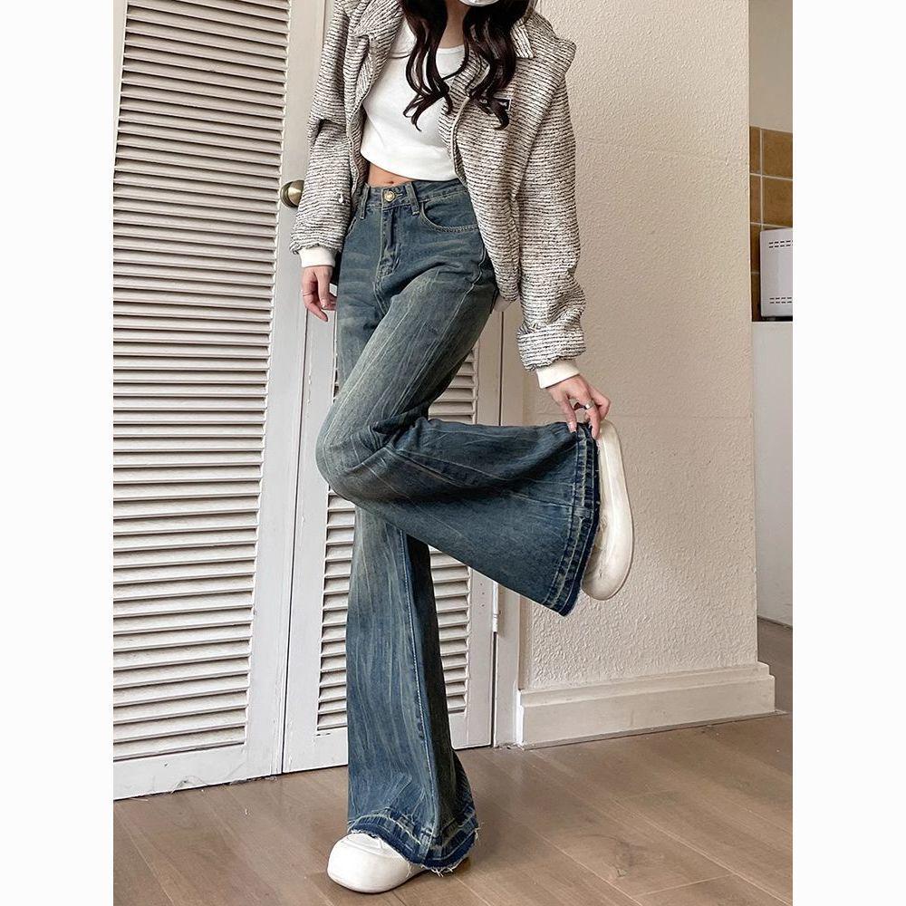 

American Retro Micro-Flare Jeans for Women - Autumn Style, Loose Fit, Color Block, Raw Hem, Draped, Floor-Length, Relaxed Leg. Medium синий