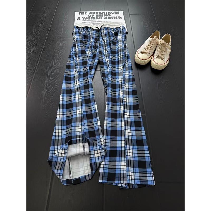Eean summer sports thin fitcl ice silk navy blue casual plaid pants men's straight pants comfortable American versatile