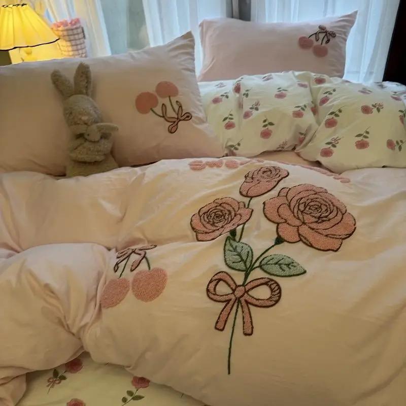 

Korean Style Bedding Set Green Strip Black Cat Embroidery Washed Cotton Duvet Cover Cute Cardboard Bed linen Comforter Sets Cover 150 x 200 3pcs