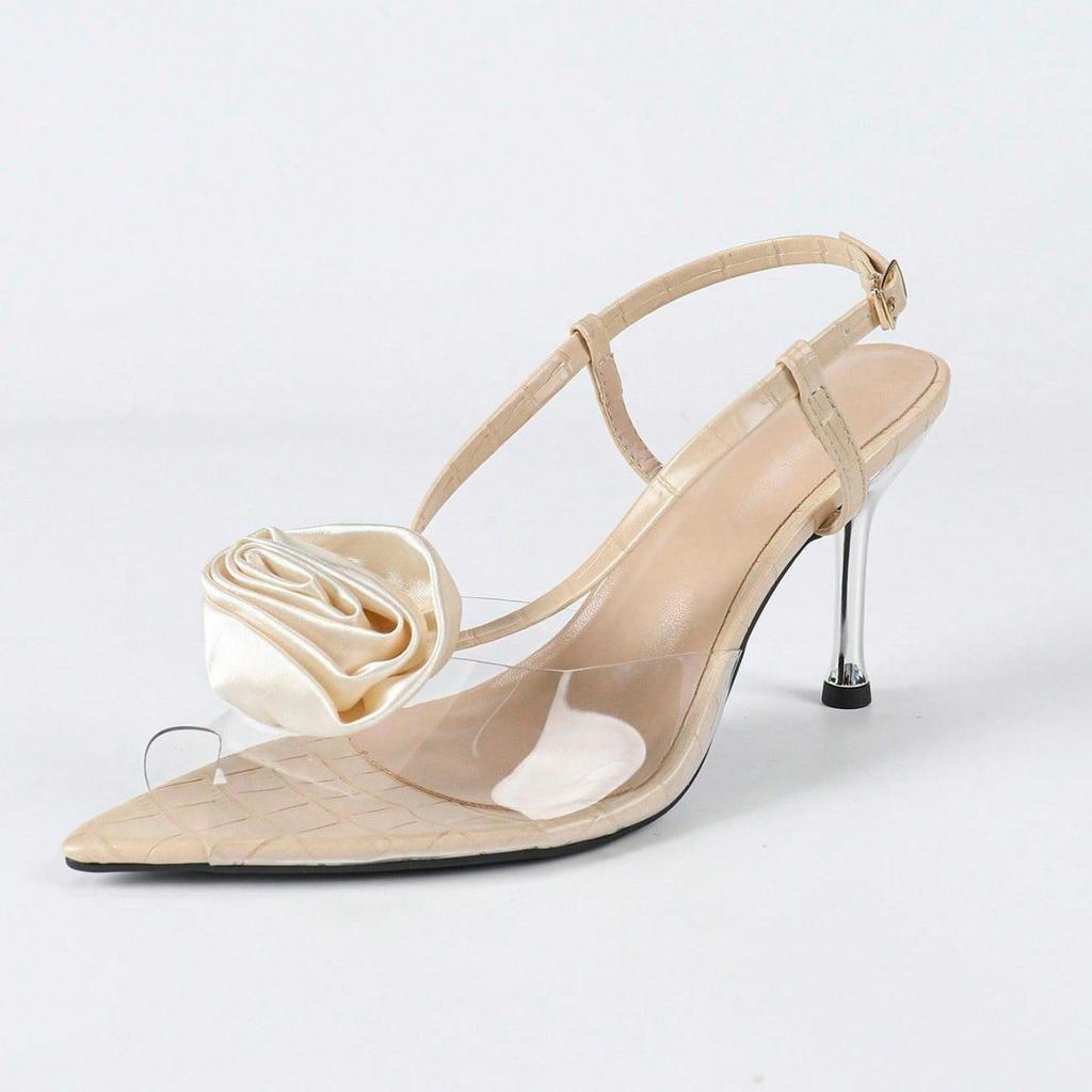 Women's three-dimensional flower transparent PVE pointed stiletto sandals apricot high heels