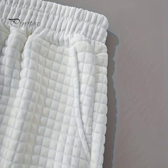 Women Long Pants Elastic High Waist Straight Wide Leg Casual Trousers with Pockets Solid Color Waffle Texture Sweatpants