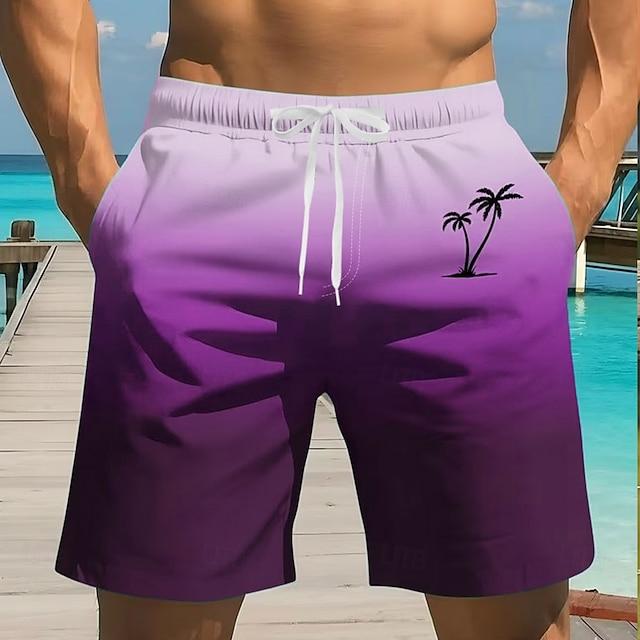 Men's Gradient Purple Palm Tree Print Beach Shorts Minimalist Tropical Graphic Quick Dry Swim Trunks Summer Swim Shorts