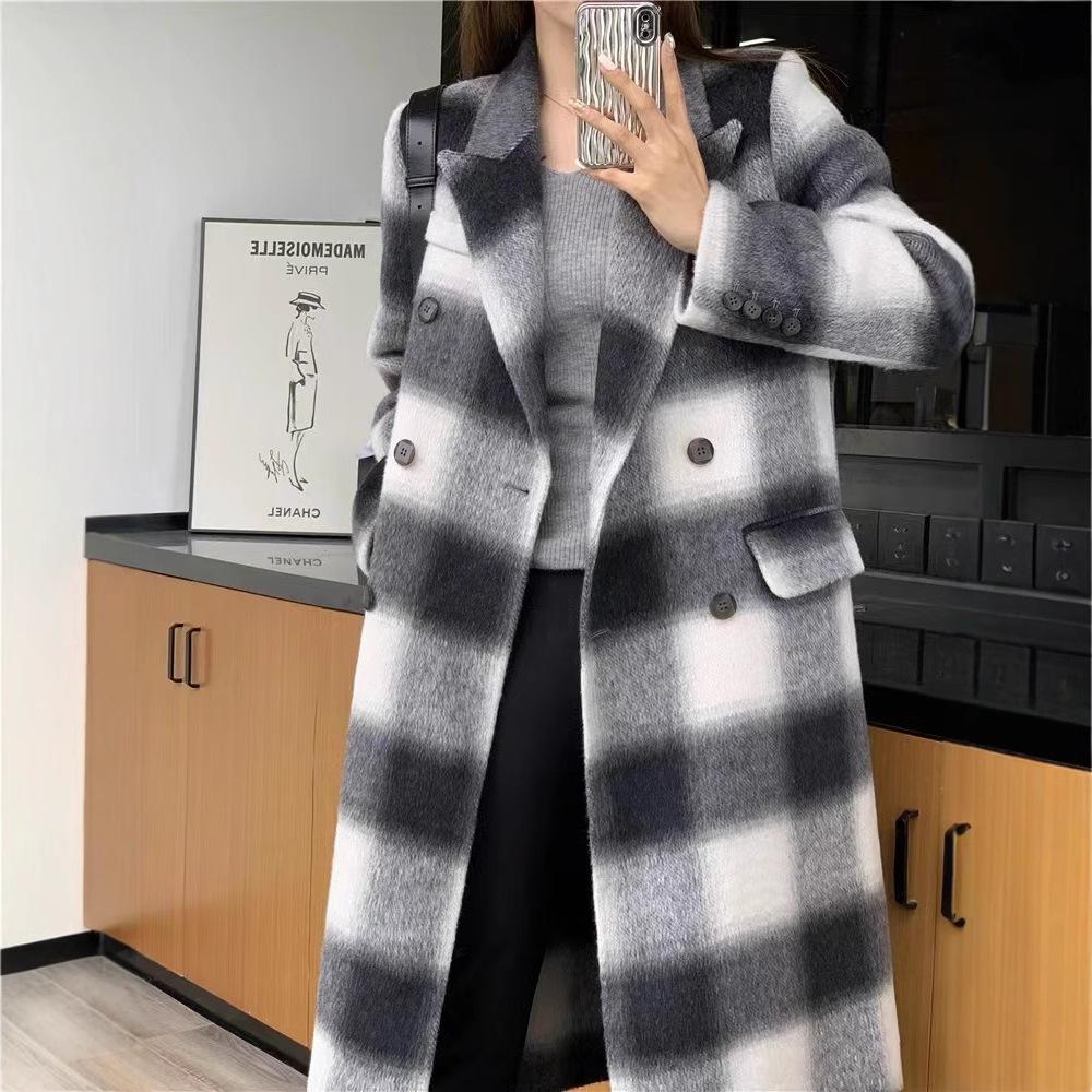 

Новое высококачественное двухстороннее шерстяное пальто в клетку для женщин, средней и длинной длины. S