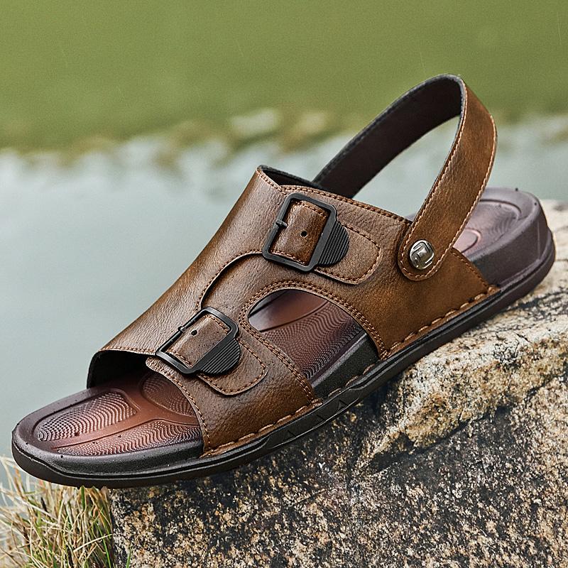 Fashion Summer Luxury Men Leather Genuine Leather Non-slip Sandals Dual-use Slippers Outdoor Thick-soled Quality Beach Comfort Sandalias