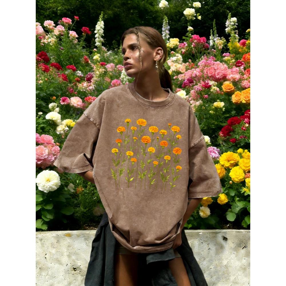 Frische Aquarell-Ringelblumen-Druck Damen Y2K Gewaschenes T-Shirt Übergroßes Baumwoll-T-Shirt Atmungsaktiv Sommer Frau Unisex