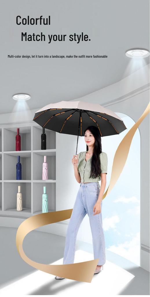Reinforced Windproof Black Umbrella with UV Protection for All Weather Conditions