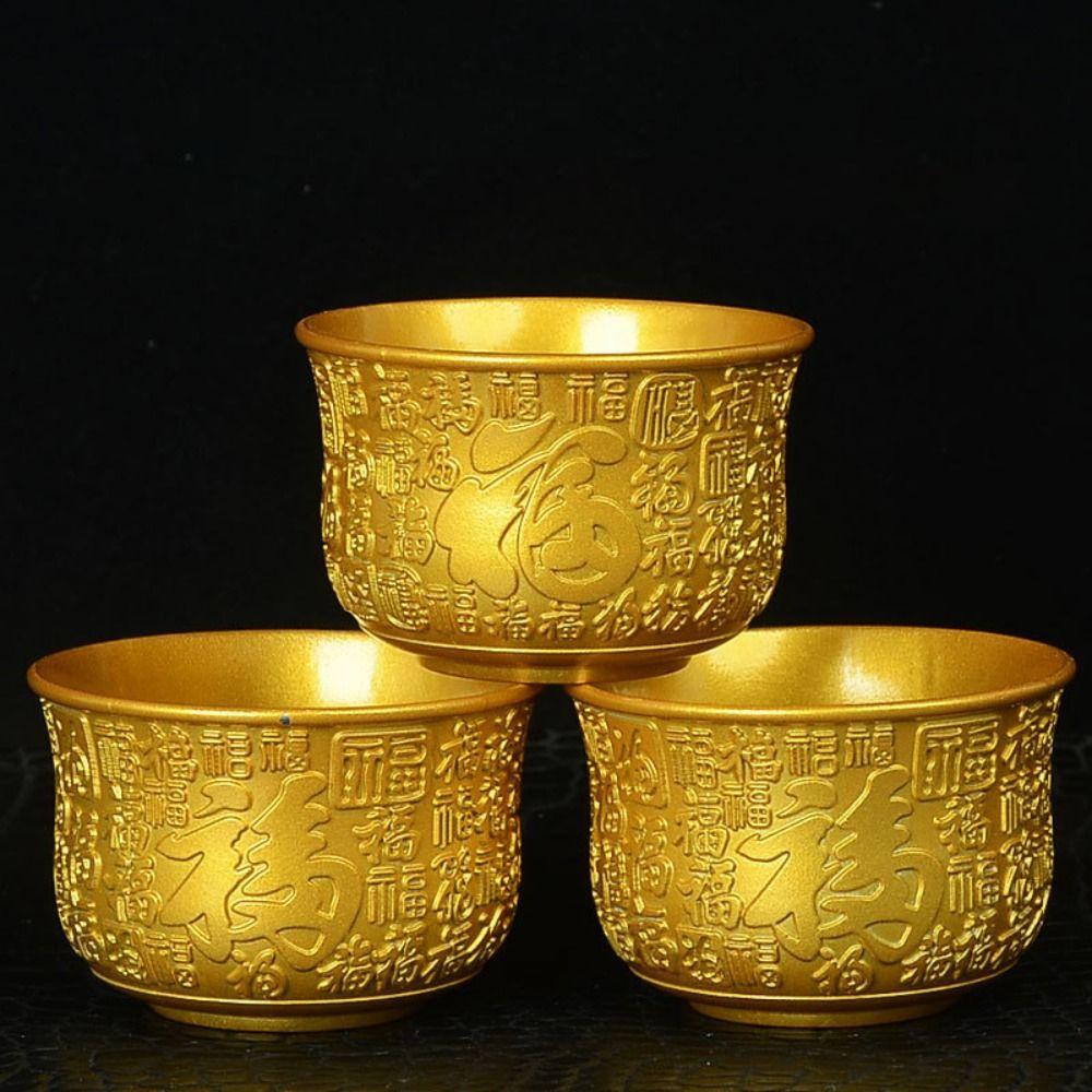 6pcs Auspicious Fu Embossed Tea Cup Zinc Zinc Alloy Offering Water Bowl Ritual Wine Cup  Temple