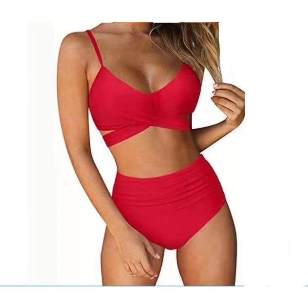 Europäischer und amerikanischer Bikini-Badeanzug für Damen mit hoher Taille und geteilter Cross-Bag