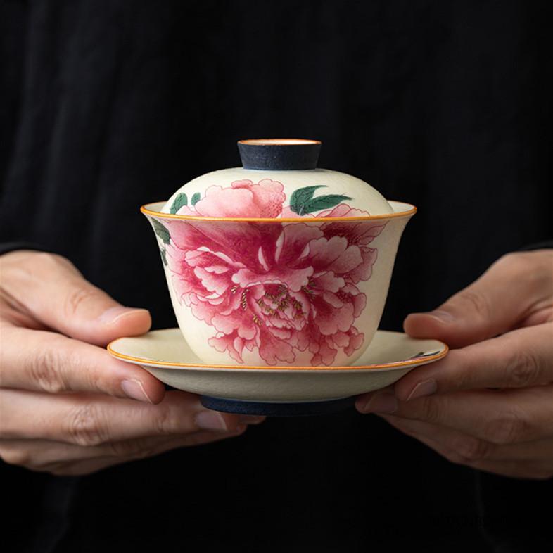 Chinese Traditional Ceramic Gaiwan Household Tea Tureen Handmade Flower Teacup Travel Portable Tea Set Teaware Accessories 110ml