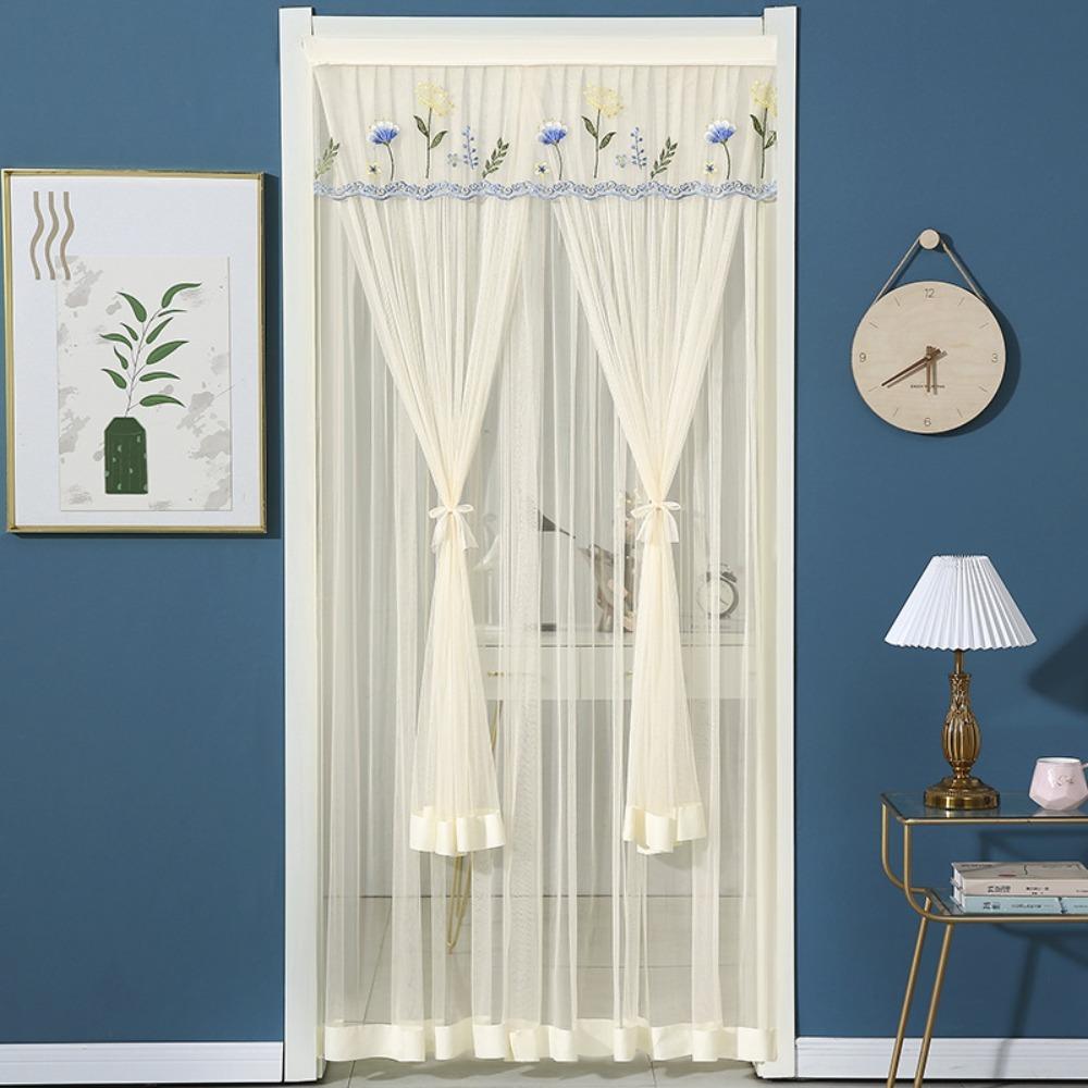 Punching Free Lace Embroidered Door Curtain Double Layer Door Drapes Entrance Curtain  Girl Room
