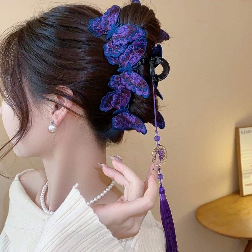 Elegant Shark Jaw Clip Chinese Style Handmade Embroidered Butterfly Hair Clip Tassel Design Retro Barrette Headband