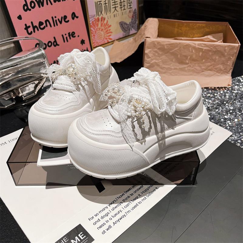 Korean Version of Genuine Leather Big Head Lace Bow Pearl Bread Shoes Platform Muffin Small 6cm Casual Board Shoes Women