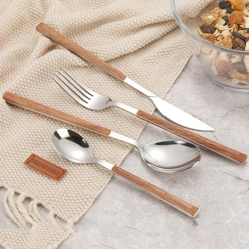 Glossy Silver Wooden Western Food Knife Fork Teaspoon Cutleries 304 Stainless Steel Dinnerware Sets 4Pcs