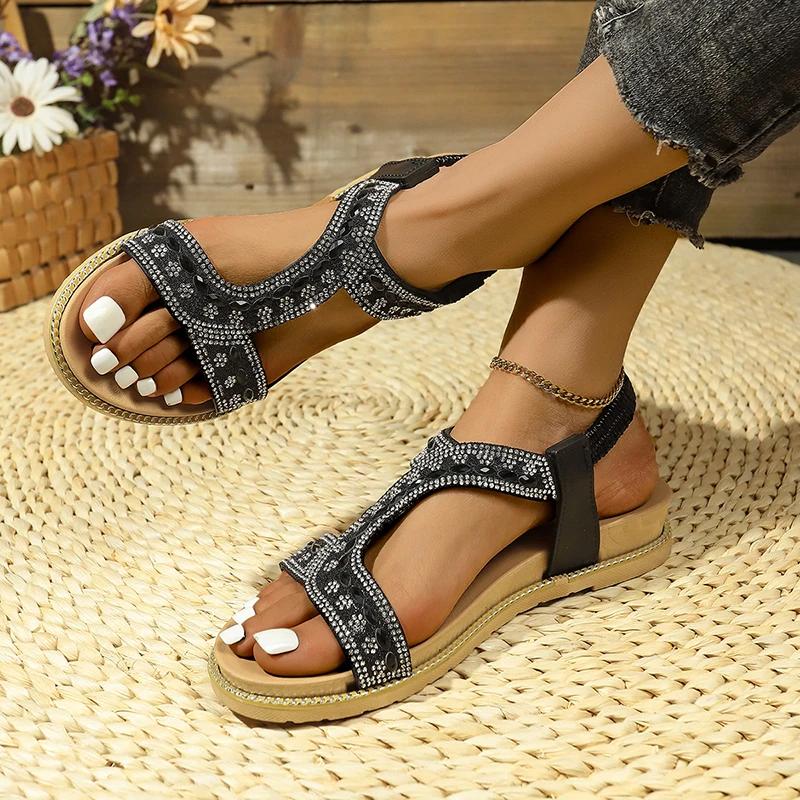 Fashion Shiny Crystal Rome Sandals Women Summer 2025 T-Strap Non-Slip Sandalias Mujer Comfort Flat Heels Non-Slip Beach Shoes Sandals