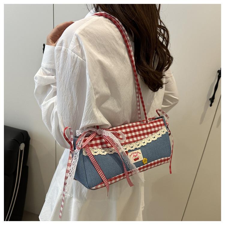 Versatile Lace Bow Plaid Women Shoulder Bags Casual College Girls Denim Underarm Bag Large Capacity Female Square Handbags Tote
