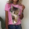 Women's T Shirt Basic Cat Print Short Sleeve Regular Tops Round Neck Daily Weekend Pink Blue Purple Green Gray