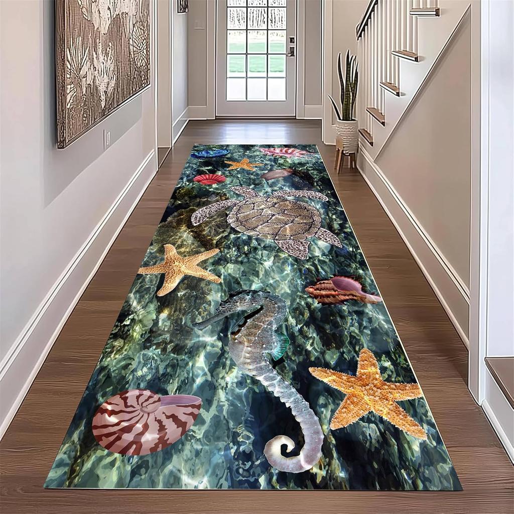 Ocean Theme Runner Rug Whale Shark Turtle Seahorse Jellyfish Print Carpet Colorful Cartoon Illustration Non-Slip Hallway Mat