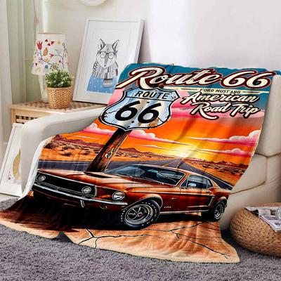 1 pièce Route 66 Road Trip Américain Couverture Douce en Flanelle Toutes Saisons pour la Maison, le Bureau, l'ExtérieurConfort Durable Couverture Douce et Chaude pour la Maison