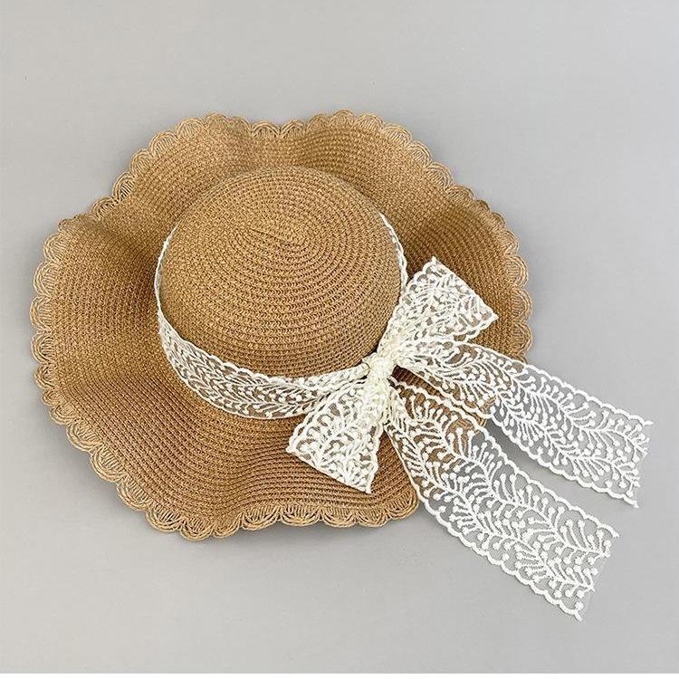 Women's Summer Korean Style Lace Trim Bowknot Wide Brim Sun Hat Sun Protection Straw Hat Beach Sweet Fisherman Hat