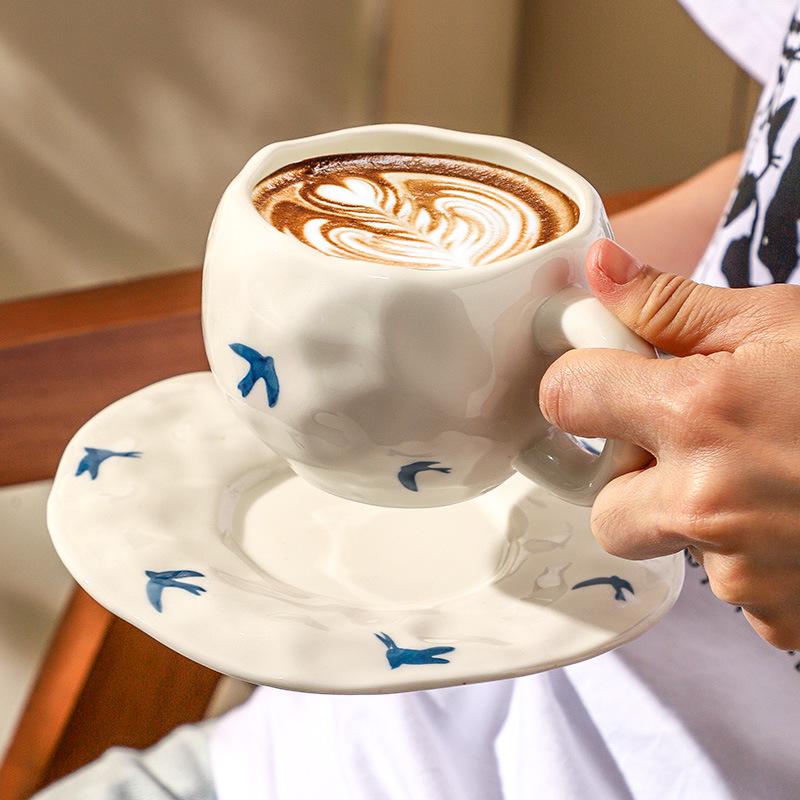 Ins Style Hand-Painted Retro Floral Irregular Coffee Cup and Saucer