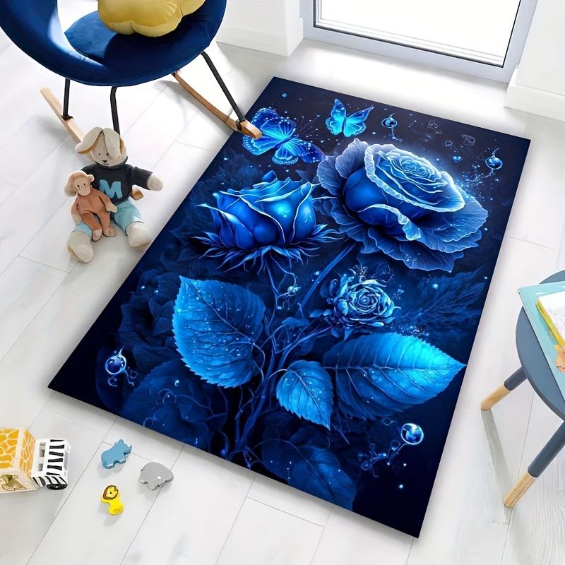 

Blue Rose & Butterfly Non-Slip Area Rug - Soft Washable Mat for Living Room Hallway Bathroom Decor , Floral Floor Cushion 40x60cm