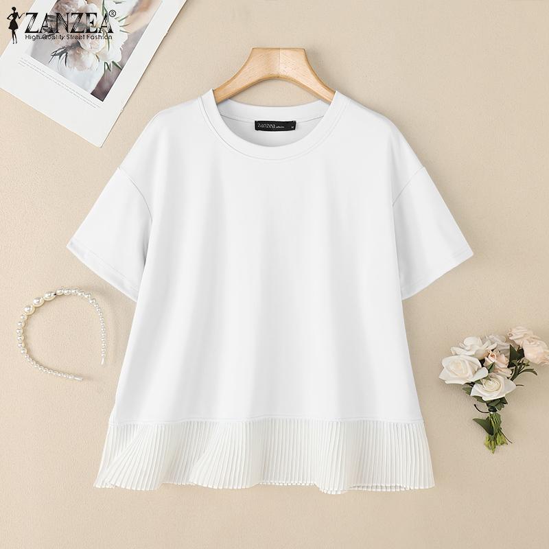 ZANZEA Women Casual Round Neck Short Sleeve Splice T-Shirts
