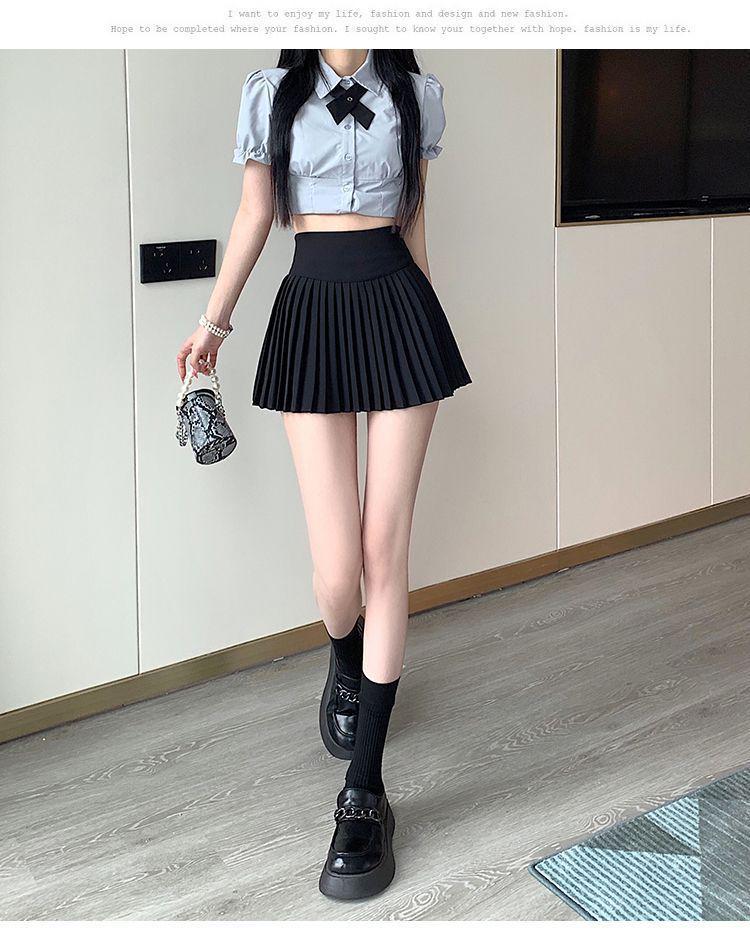 High-Waisted Summer A-Line Pleated Skirt for Women - Sweet & Fresh, Anti-Exposure, College Style, Petite Short Length.