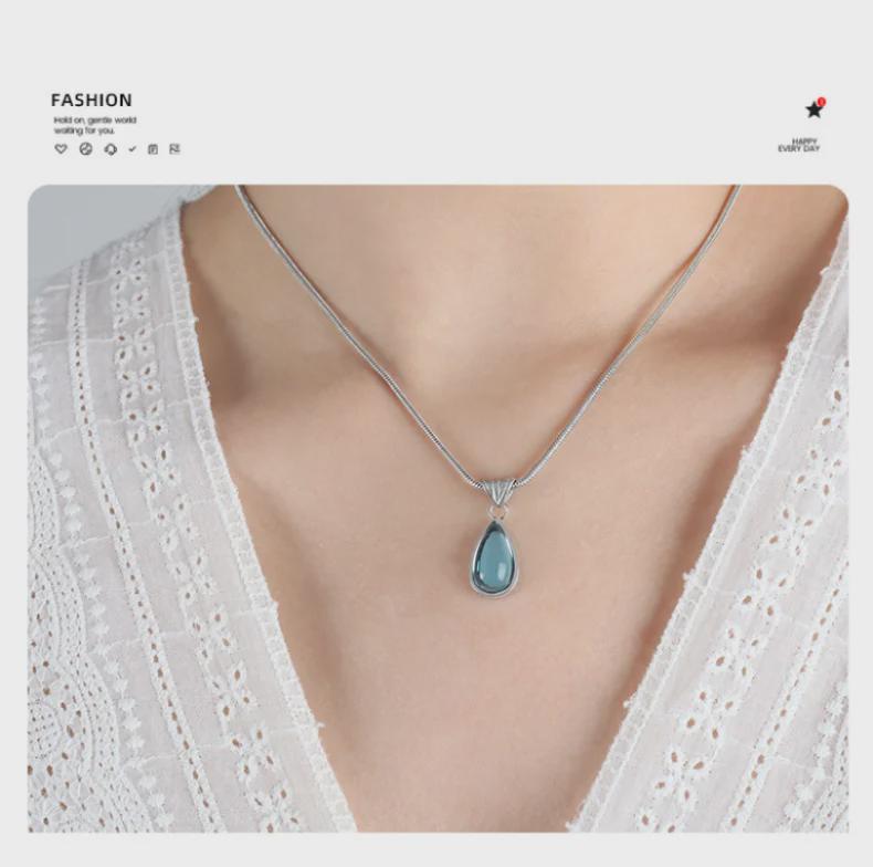 Kadınlar için Zeytin Yeşili ve Mavi Su Damlası Kolye - Retro, Niş Tasarım, Solmaz, Seksi Takı.