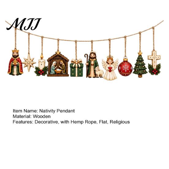 Handcrafted Wood Engraving Retro Wooden Nativity Pendant for Christmas Tree Decoration, Rustic Manger Ornaments Hanging Banner with Hemp Rope Holiday