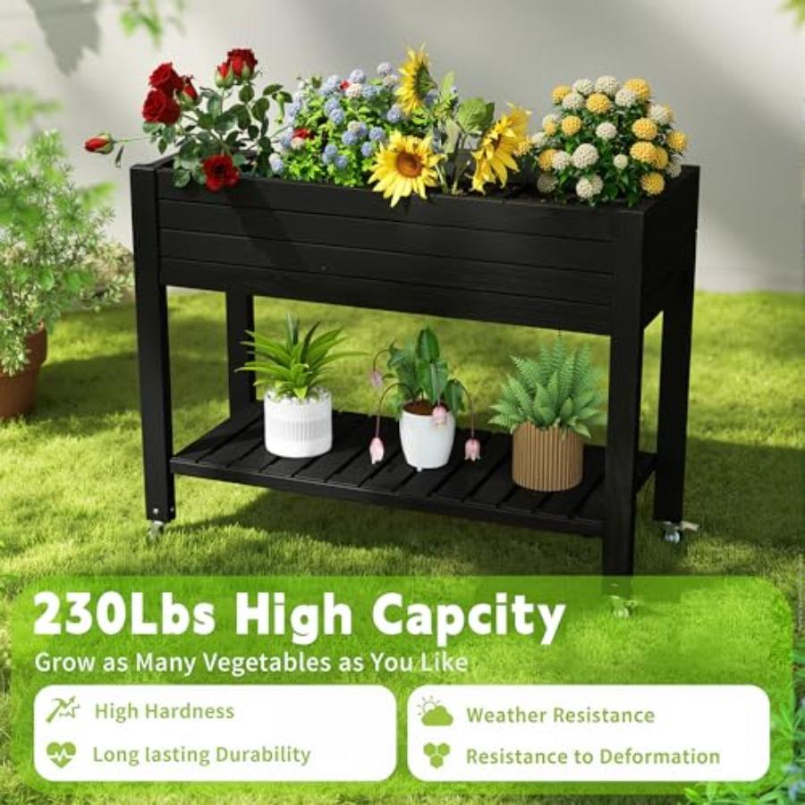 Raised Garden Bed with Legs 33.66 Tall Self-Watering Resin Planter Box with Lockable Wheels Drainage Plug and Gauge for Vegetab