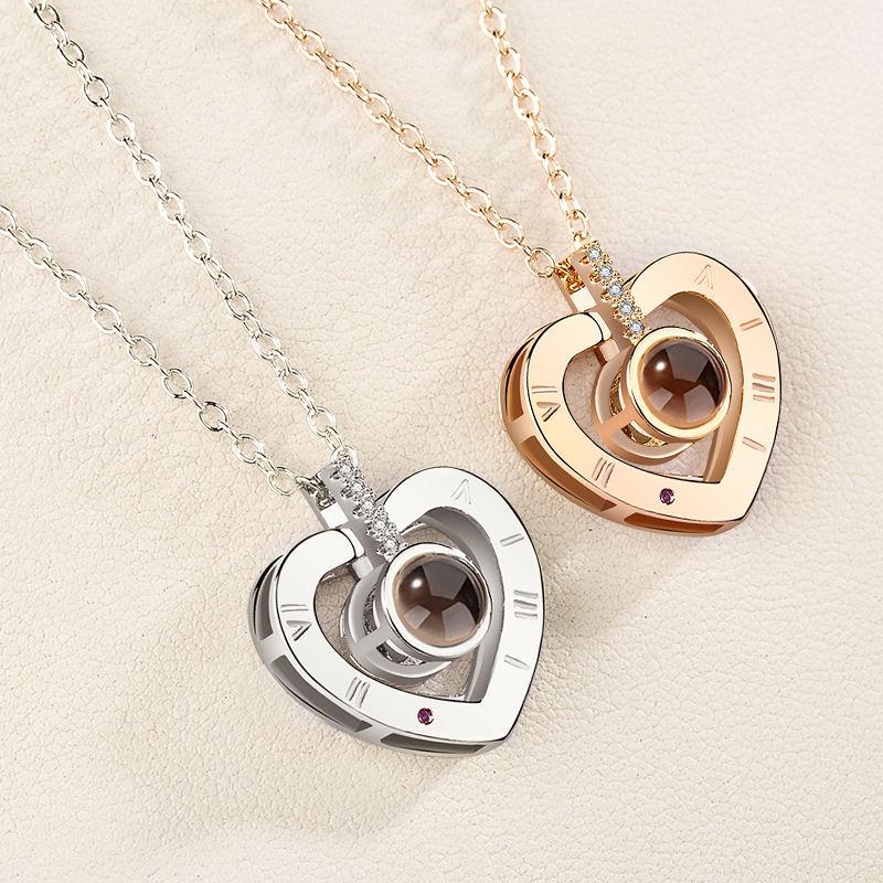 "I Love You" Projection Necklace with 100 Languages Heart Pendant Clavicle Chain