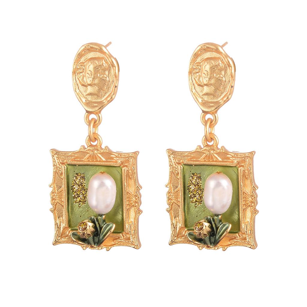 Monet Oil Painting Series Love Earrings Natural Pearl Flower Stud Earrings High Sense Personality Retro Fringed Earrings Women