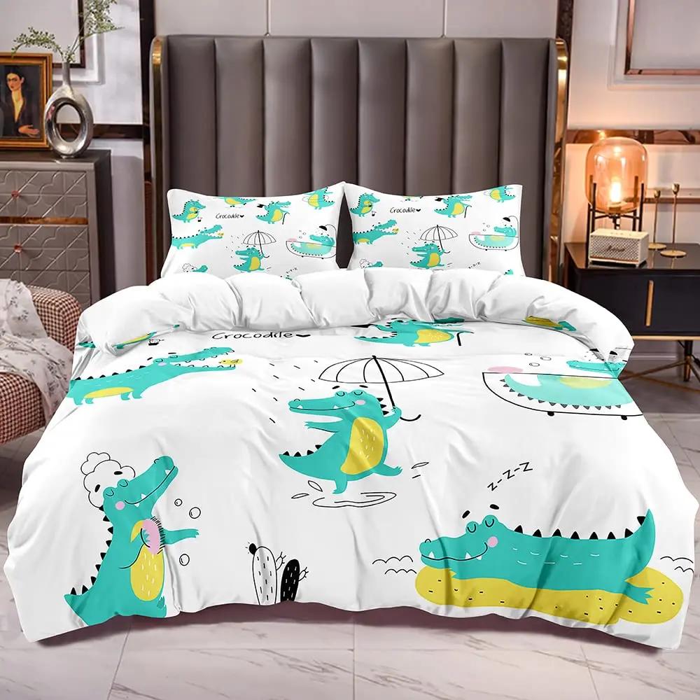 Gren Frog Crocodile Beding Soft Duvet Cover for Children Kids Young Boys Young Girls Pond Lotus Flowers Carton Lovely Animals Children Women Rom Decor