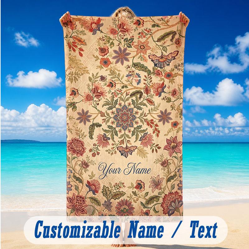 Floral Garden Theme Beach Towel Personalized Custom Name & Text Soft Quick Dry Beach Towel for Swimming Travel