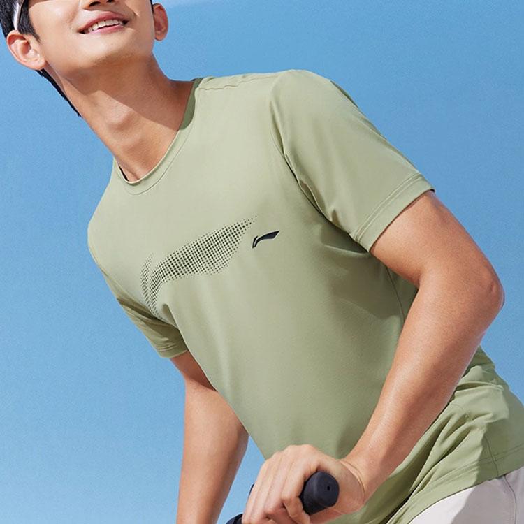Li Ning Plain Round Neck Pullover Short Sleeve T-Shirt Men Tops Green ATST591-7