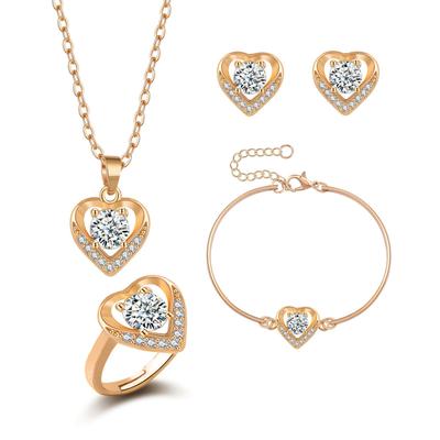 European and American Style Gold-Plated Peach Heart Jewelry Set: Copper Micro-Inlaid Zircon Earrings, Necklace, and Ring.