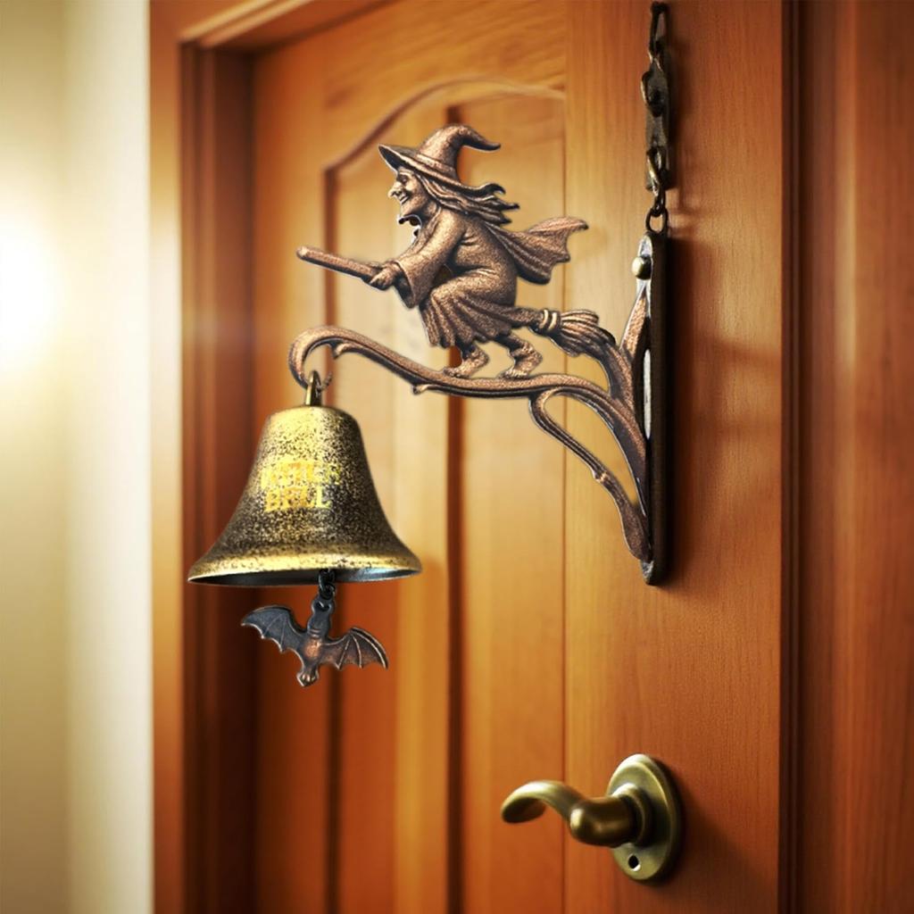 Witch Doorbell Hanging Ornament Iron Craft Broom Riding Witch Resin Vintage Home Decor for Halloween Christmas Party Favors