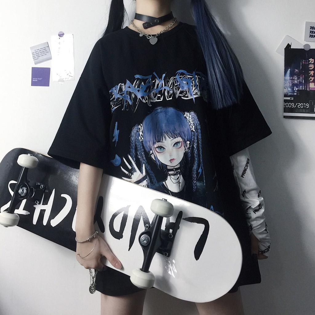 Women T-shirt Harajuku Goth Female Tee Aesthetic Loose Punk Dark Grunge Ladies Gothic Top T-shirts Clothes Y2k Streetwear
