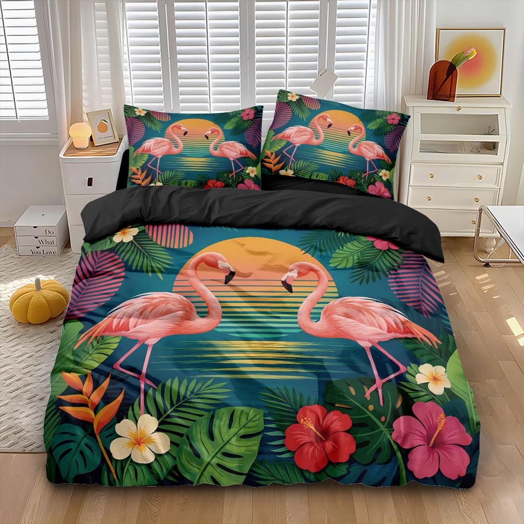 3pcs Flamingo Forest Animal Print Coreless Duvet Set, Multi Size Bedroom Bedding Decoration, Machine Washable