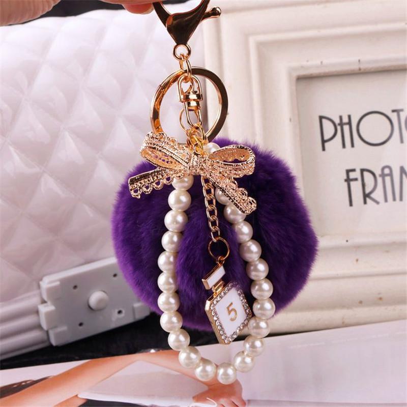 Car Women handBag Key Chain Fashion Pearl Chain Crystal Bottle Bow Pompom Keychain Fluffy Puff Ball Keychains Jewelry