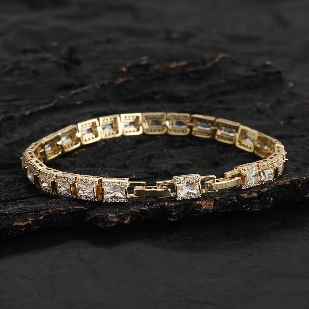Luxury Baguette Zirconia Bracelet Rectangular Step Cut Tennis Bracelet Brass Gold Plated High End Jewelry for Women