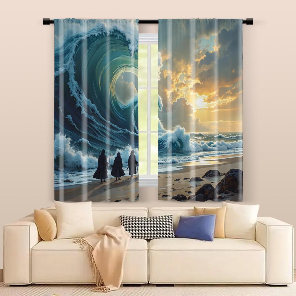 Set Of 2 Filtering Curtains Excluding Rods Non Movable Without Batteries Wave Use Bedrooms Living Rooms Curtain Polyester Ideal For Sitting Room