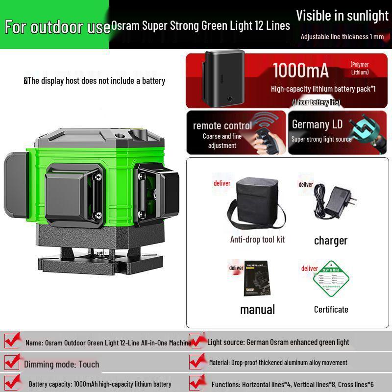 Green Light Laser 8/12/16 High-Precision Infrared Level for Walls/Floors