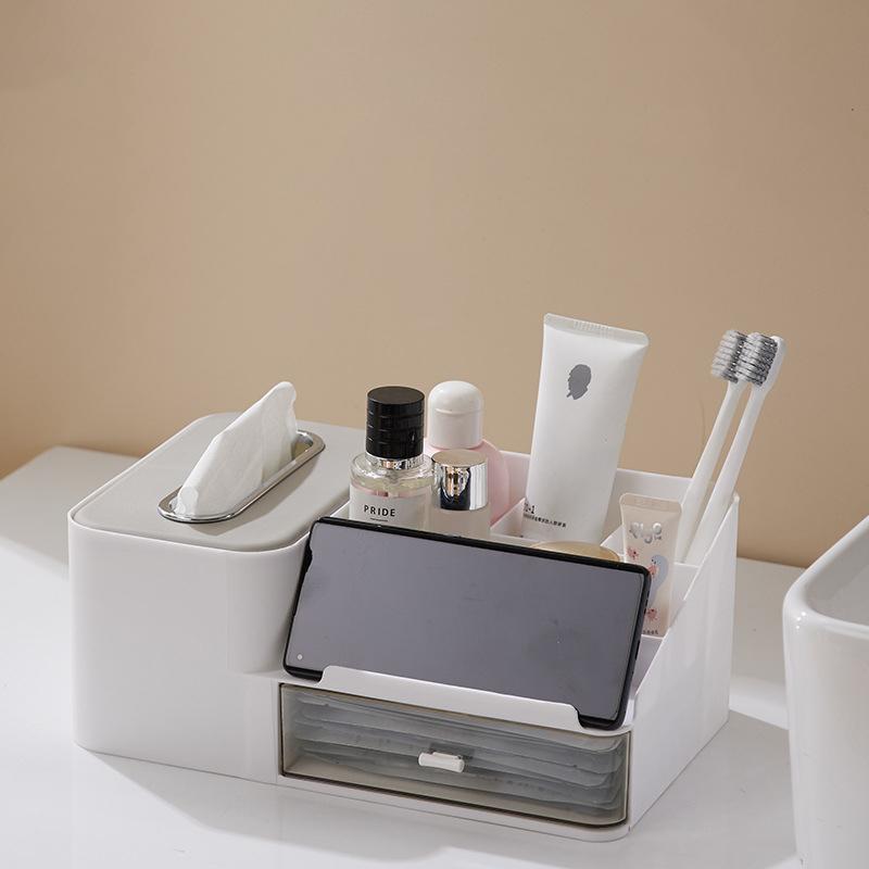 1pc DesktopTissue Box with Phone Holder Cosmetics Organizer Multifunctional Living Room Drawer Typ Remote Control Organizer