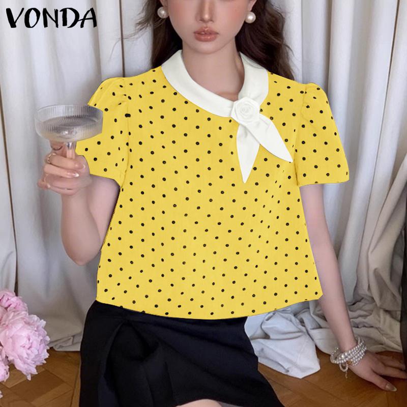 VONDA Women Stand Neck Puff Sleeve 3D Flower Polka Dots Casual Cropped Blouse