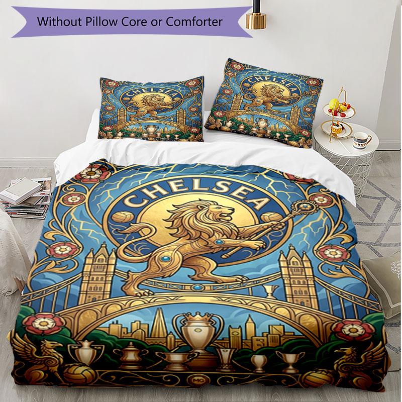 3-teiliges Bettbezug-Set (1 * Bettbezug + 2 * Kissenbezug, ohne Kern), Chelsea Football Club Druck Weiches Ganzjahres-Bettwäscheset, Heimschlafzimmer-Dekoration Geschenk