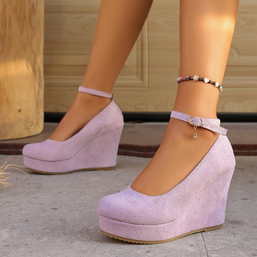 Women Wedge Pumps Sexy Buckle Round Toe Ankle Strap High Heels Shoes Platform Party Wedding Shoes Female Zapatos De Mujer