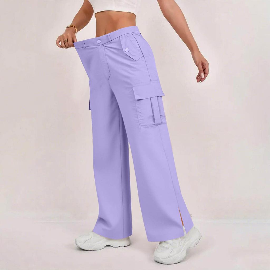 Women's Casual Fashion Solid Color Elastic Waist Drawstring Pocket Wide-Leg Straight-Cut Joggers